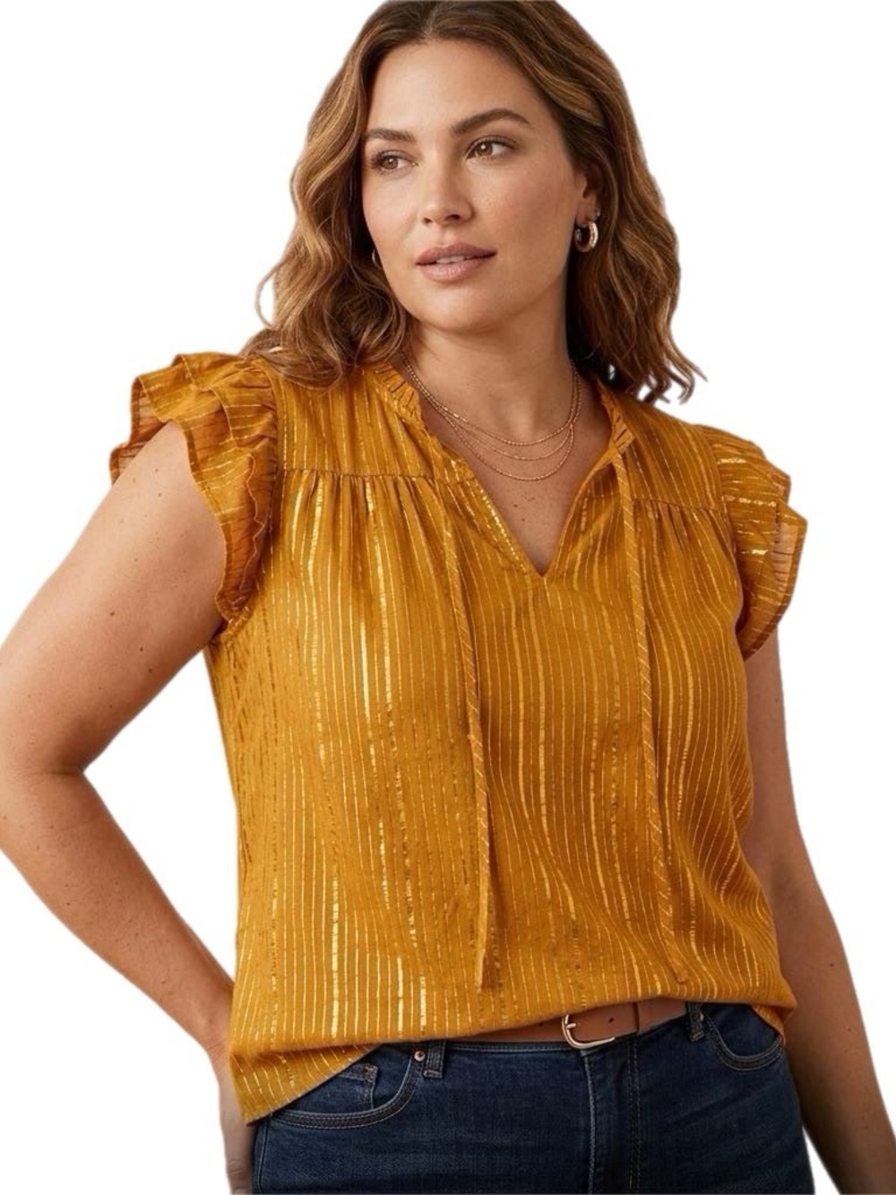 LC Lauren Conrad Metallic Gold Ruffle Sleeve Blouse Size L